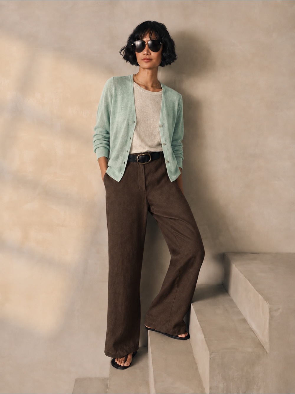 Eileen Fisher Mint Green 100% Linen Button Front Cardigan Sweater Medium